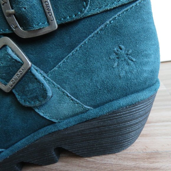 FLY LONDON Perz Suede Leather Ankle Wedge Buckle Boots Dark Petrol Size US 7.5/8 - Picture 10 of 16